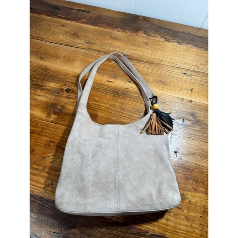 The Sak Huntley Hobo Bag in Sand Suede Taupe Tassel Shoulder Bag Slouchy Tote - Picture 6 of 17